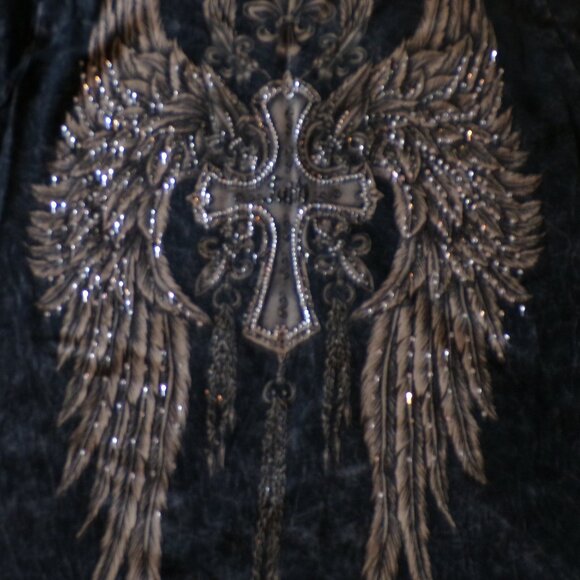 Vocal Shirt Womens Medium Crystal Studded Black Gray Y2K Wings Grunge Rhinestone - Picture 8 of 10